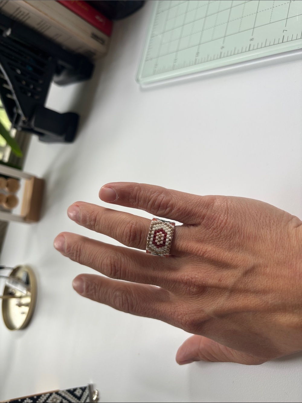 Handwoven Beaded Ring in Red and White - Artisan Style